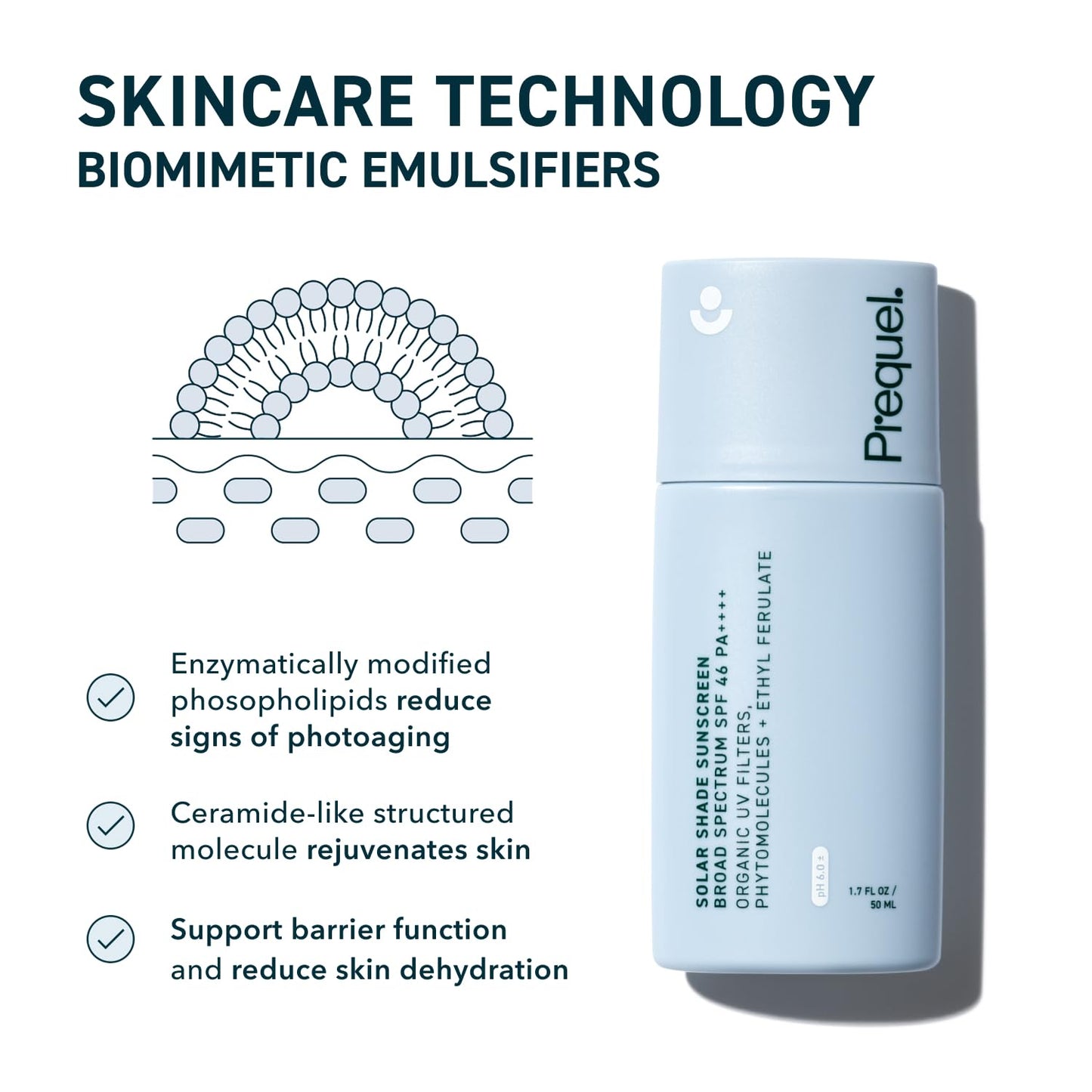 Prequel Skin Solar Shade - Moisturizing Face Sunscreen SPF 46 PA++++ Broad Spectrum UV Protection. Hydrating Sunblock for Dry Skin. Lightweight Travel Size Sun Protection, 1.7oz