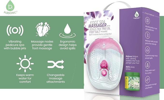 Pursonic Foot Spa Massager with Vibrating Bubbles & Tea Tree Oil Foot Salt Scrub with Epsom Salt 10oz Gift Set, Melts Away Stress and Revitalizes Tired Feet,Pink