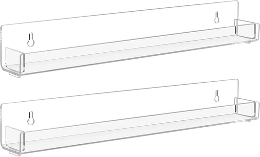 2 Pack Clear Nail Polish Rack Wall Mounted,15 inch Invisible Acrylic Floating Bookshelf,Small Toy Storage Wall Shelf Modern Picture Ledge Vinyl Record Display Shelf Holder