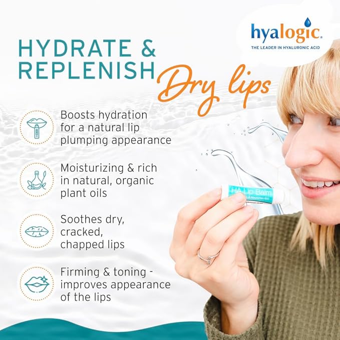 Hyalogic HA Lip Balm - Hyaluronic Acid & Organic, Natural Coconut Oil - Soothes Dry, Chapped Lips - Plumping, Moisturizing & Nourishing - Unflavored - Fragrance & Dye Free - 4.25g - 4 Sticks