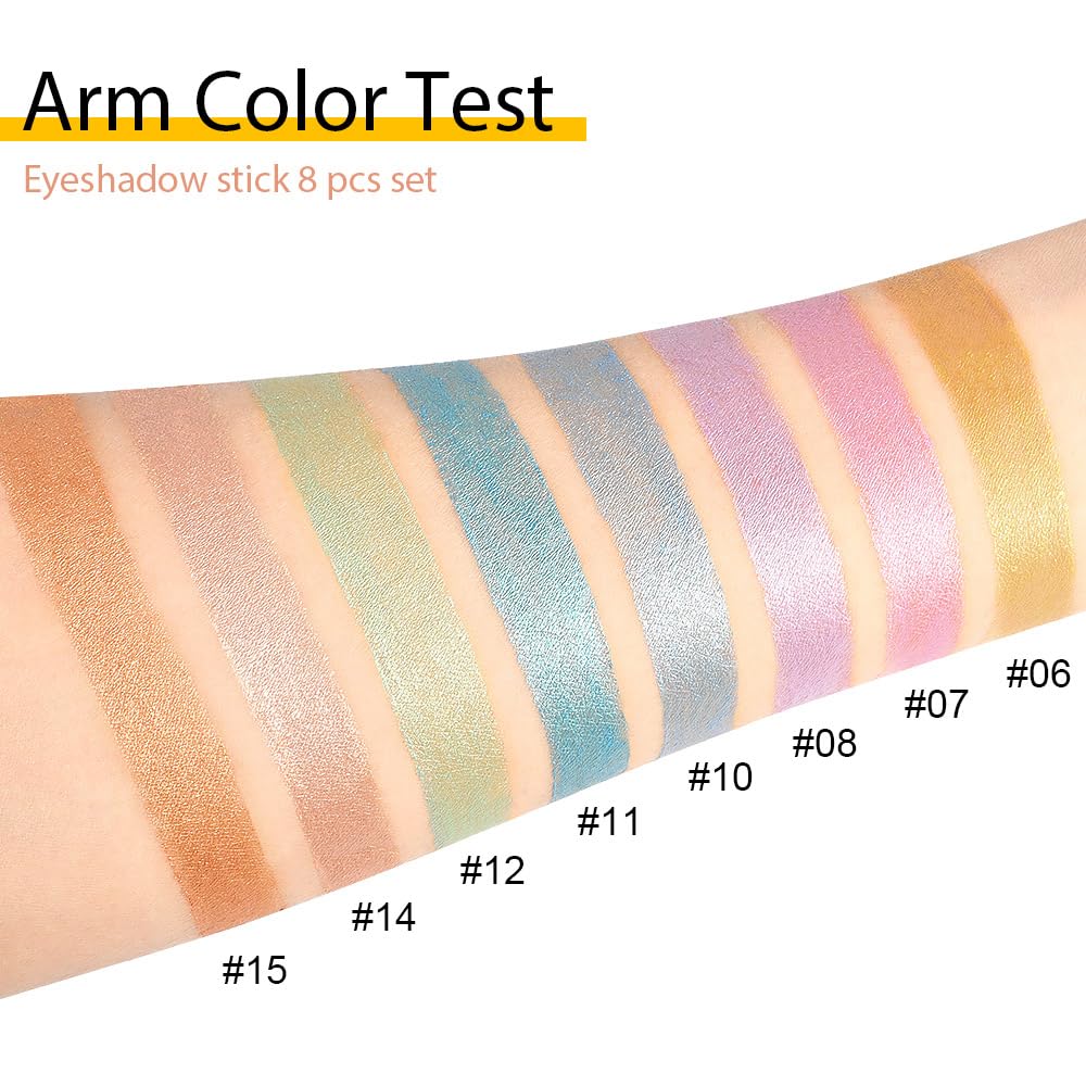 8Pcs Cream Eye Shadow Brightener Sticks Set for Eyes, Desert Mocha Beige Gold Light Purple Pink Sky Dazzling Blue Geen, Halloween Makeup, Matte Shimmer Eye Shadow Pencil Pen Crayon Waterproof 02