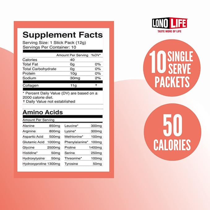 LonoLife - Unflavored Collagen Peptides with 10g Protein, Paleo and Keto Friendly, Portable Individual Packets, 10 Servings, 10 Count