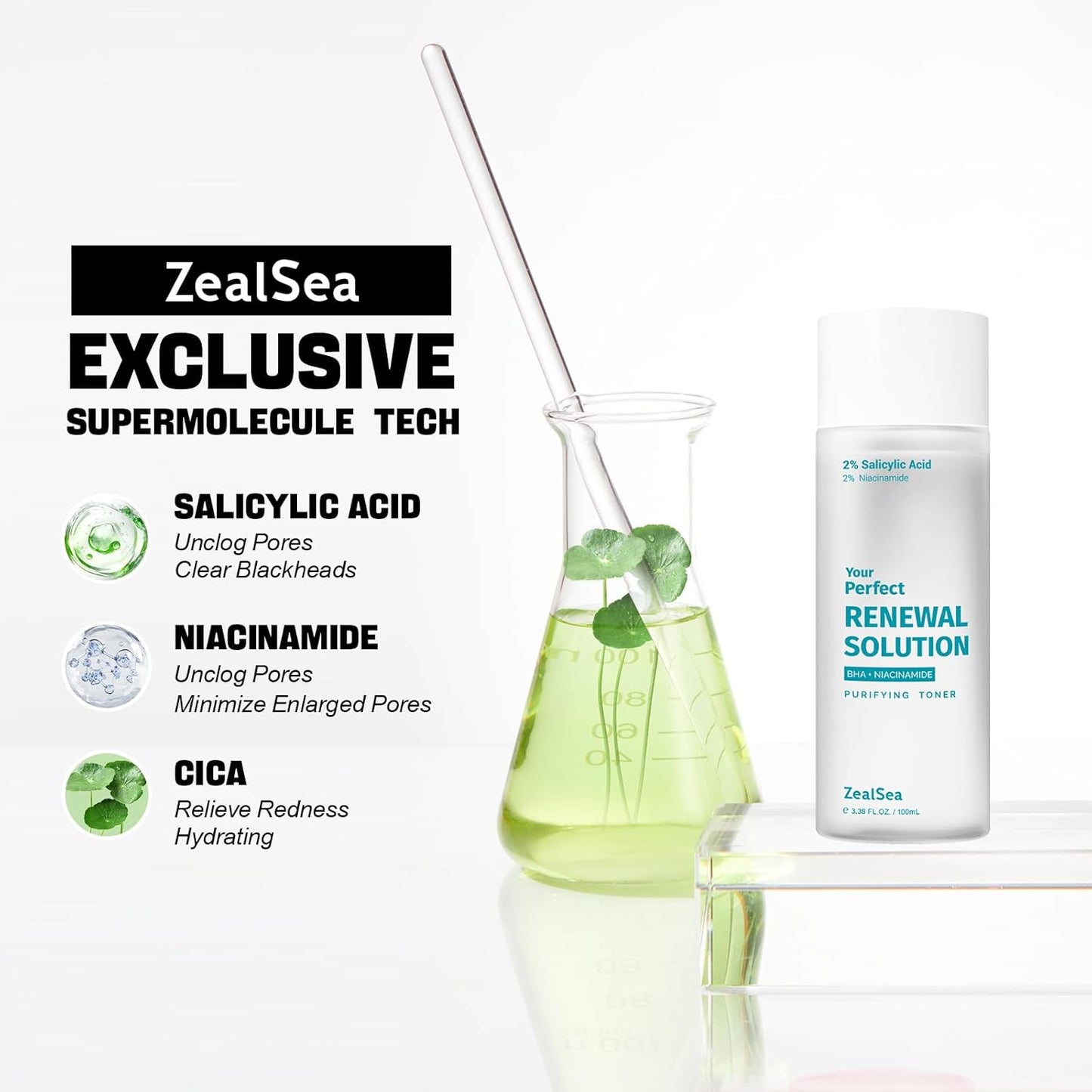 Salicylic Acid Toner, Blackhead Remover, BHA Liquid Exfoliant (CICA, 3.38OZ, Travel Size), ZealSea Pore Minimizer for Face, Gentle Alcohol Free BHA Toner for All Skin with Niacinamide, Redness Relief