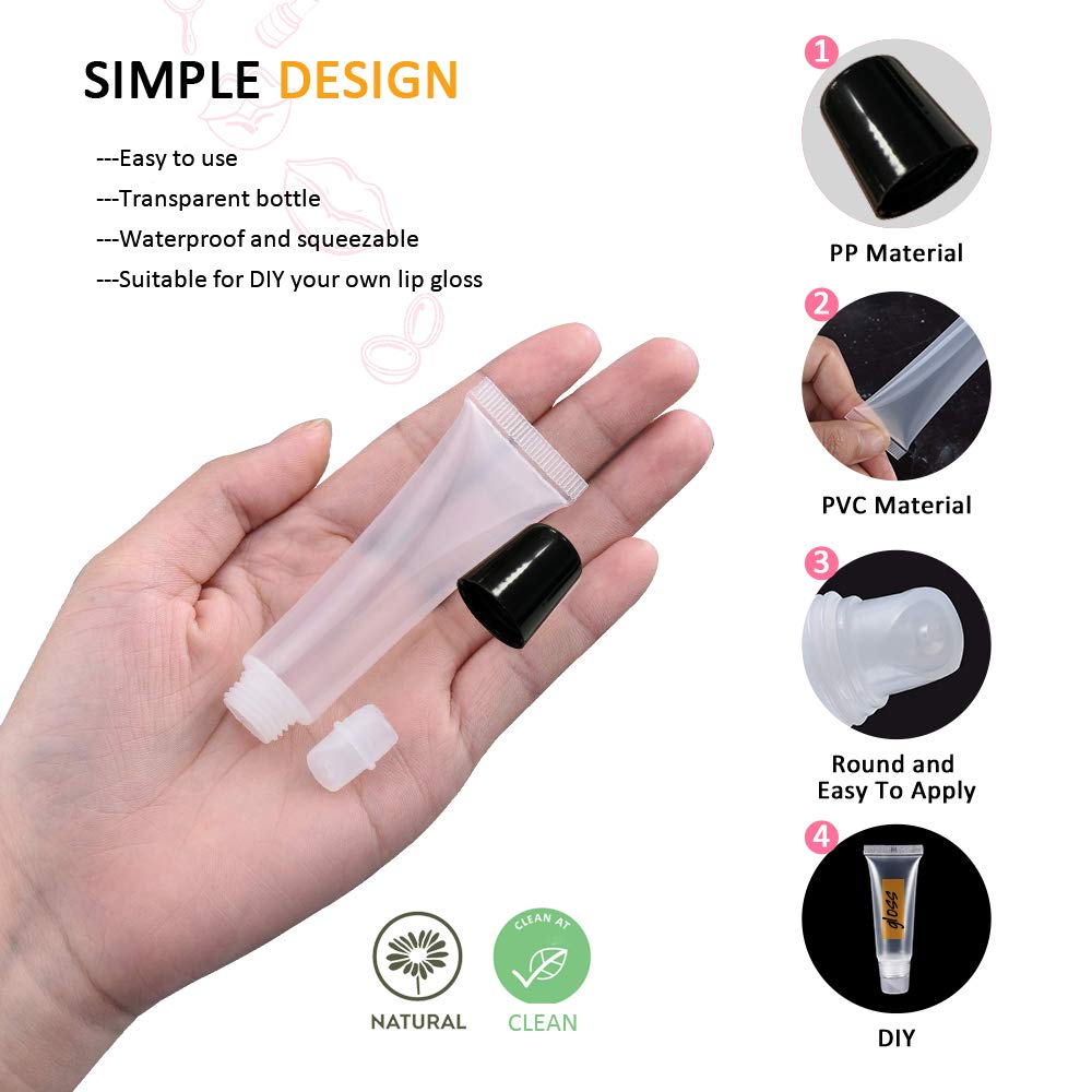 AMORIX 50PCS Lip Gloss Tubes 5ml Black Cap Refillable Cosmetic Syringes + Labels for DIY Lip Gloss Base Glitter