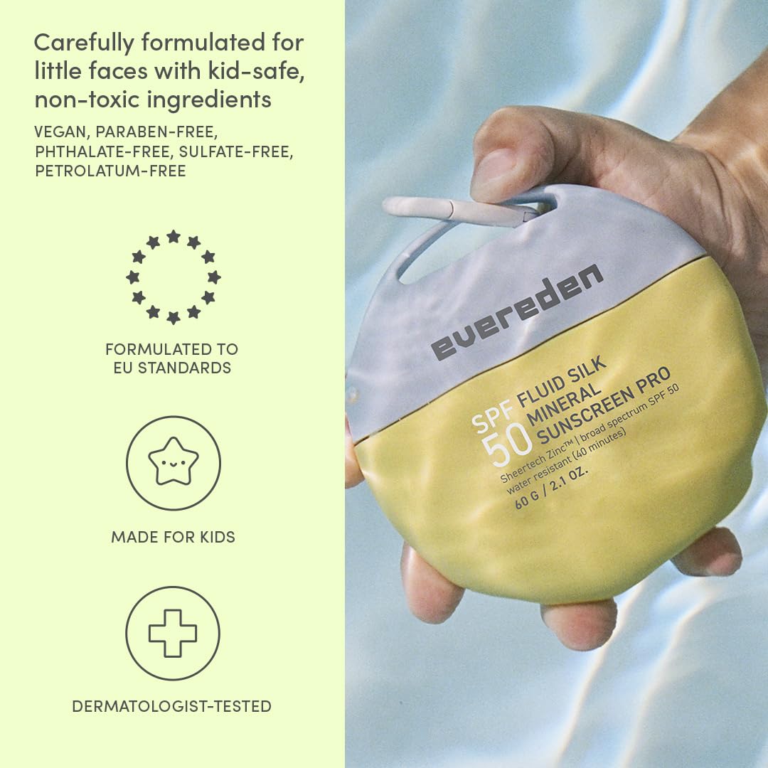 Evereden SPF50 Fluid Silk Mineral Kids Sunscreen: Clean Cooling Non-Nano UVA, UVB, & IR Protection for Sensitive Skin - Sheer, Lightweight, & Waterproof for Up to 40 Mins - Beach Day Toddler Sunscreen