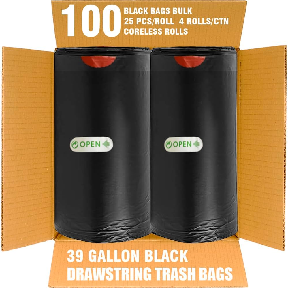 39 Gallon Lawn & Leaf Trash Bags Drawstring, 100 Count, Heavy Duty Black & Unscented Plastic Bags, Multi-purpose Garbage Bags for Home Commercial, Outdoor, Construction, Industrial