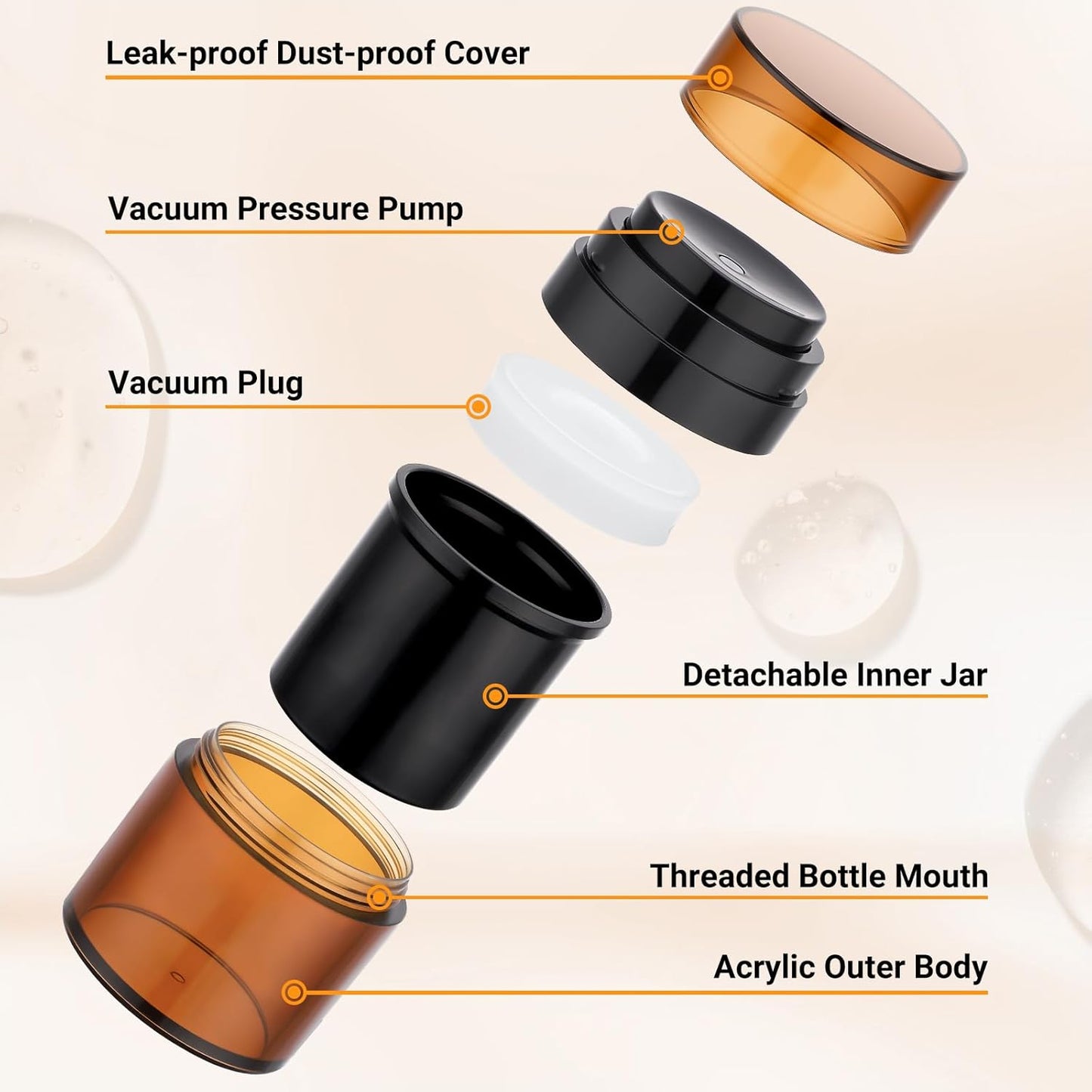 Segbeauty 1oz Refillable Small Airless Pump Jar Amber, 3pcs Empty Travel Size Cream Containers, Mini Vacuum Lotion Travel Bottles for Toiletries, 30ml Pump Dispenser Makeup Containers for Liquids