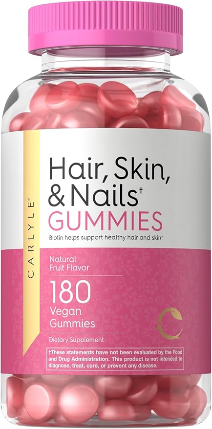 Carlyle Hair, Skin and Nails Gummies | 180 Count | Fruit Flavor Gummy Vitamins | with Biotin | Non-GMO, Gluten Free