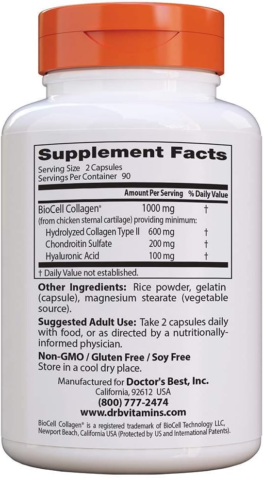 Doctor's Best Hyaluronic Acid with Chondroitin Sulfate, Featuring BioCell Collagen, Non-GMO, Gluten Free, Soy Free, Joint Support, 180 Count (Pack of 1)