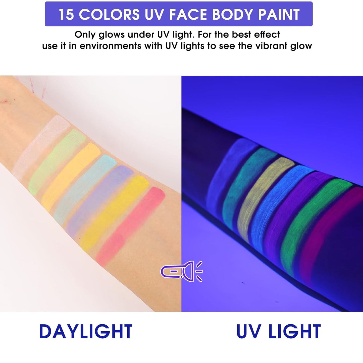 15 Colors Glow Neon Face Paint, Water Activated UV Face Paint, Neon Glow in The Dark Body Paint Washable Eyeliner Face Painting for Party, Halloween, Festival, Rave