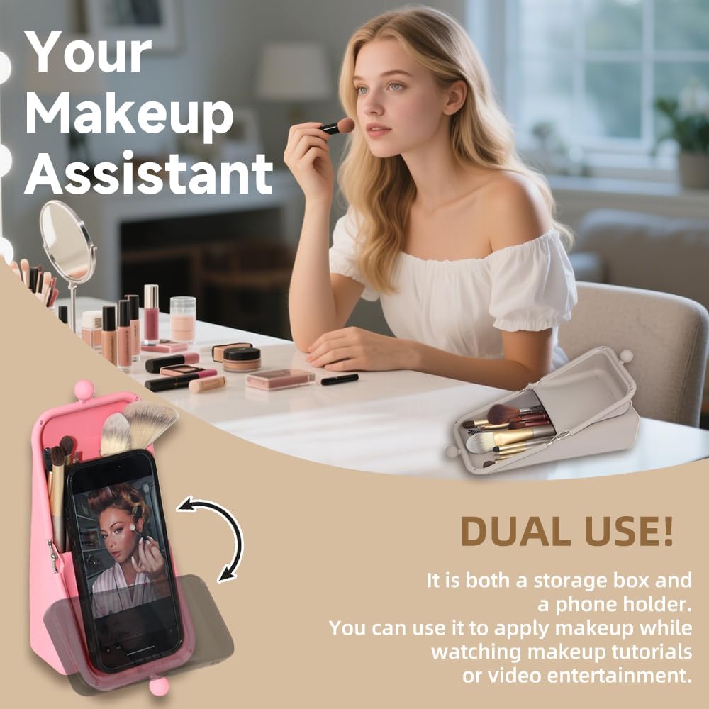 silicone makeup brush holder,waterproof soft and sleek portable travel cosmetic bag,standing makeup bag,pink