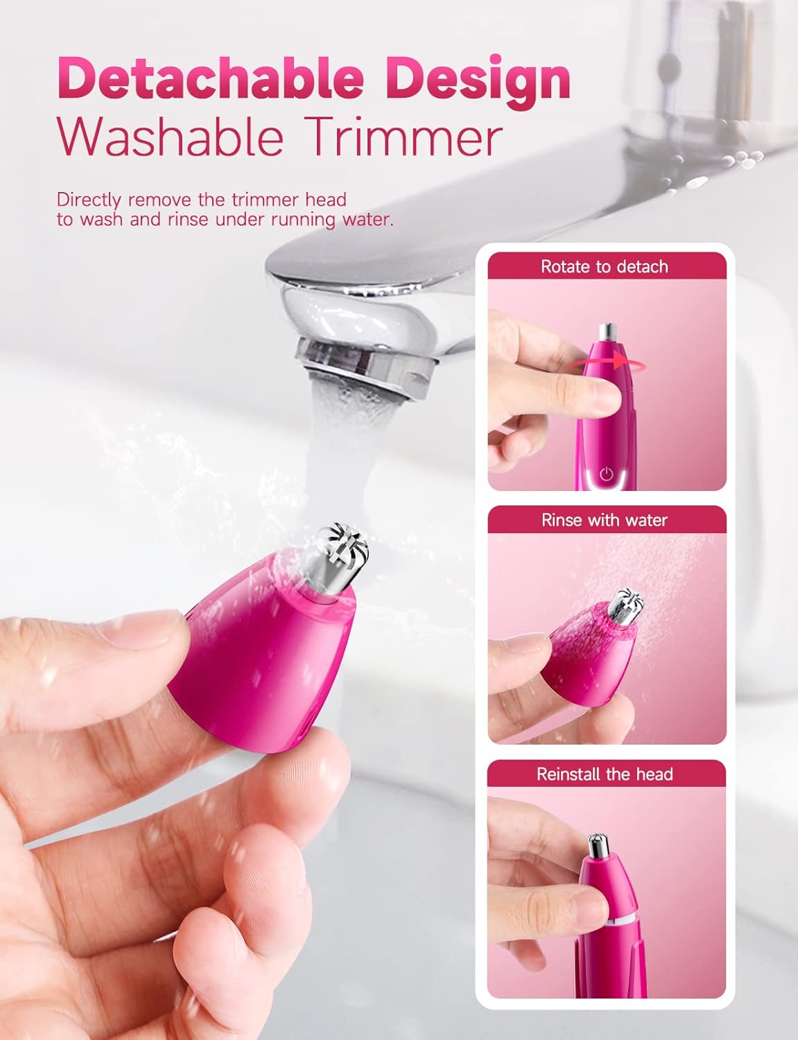 ZORAMI Rechargeable Ear and Nose Hair Trimmer - 2025 Professional Painless Eyebrow & Facial Hair Trimmer for Men Women, Powerful Motor and Dual-Edge Blades for Smoother Cutting Magenta