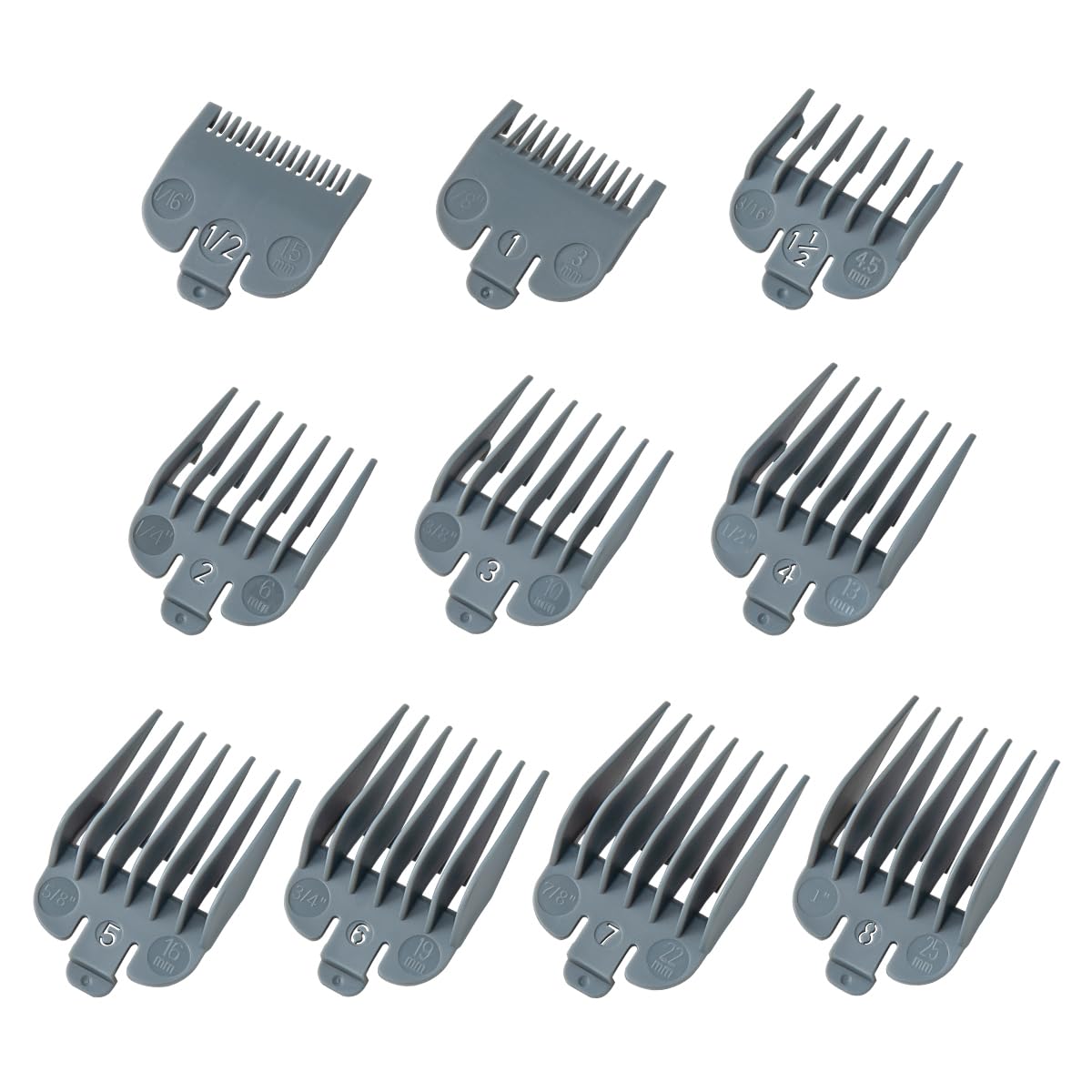 Clipper Guards Set Compatible with Most Wahl Clippers, Clipper Guides Replacement - 1/16" to 1", 10 Piece Set, Grey Color