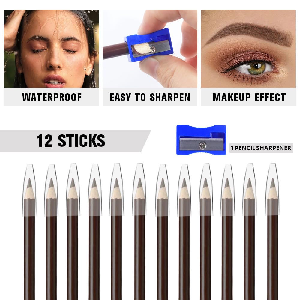 12Pcs Long Eyebrow Pencils Set, Dark Coffee Natural Look,for Eyebrows & Eyeliner,Waterproof & Sweat-Proof Wooden Hard-Core Brow Pencil with Sharpener,Long Lasting Makeup Kit for Beginners 102#