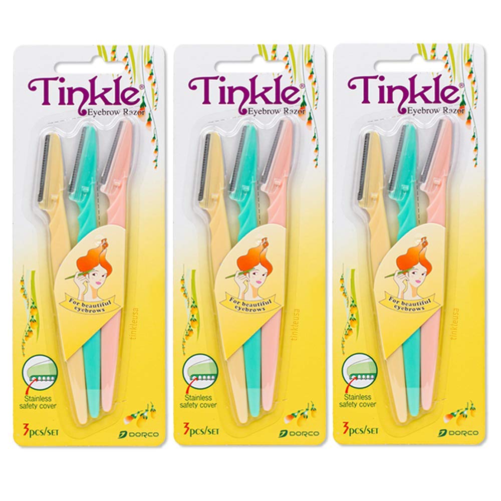 Tinkle Dermaplaning Tool 9ct, Dermaplane Razor for Women, Safe and Easy Peach Fuzz Remover, Eyebrow Trimmer with Protective Cover (3 Packs of 3)