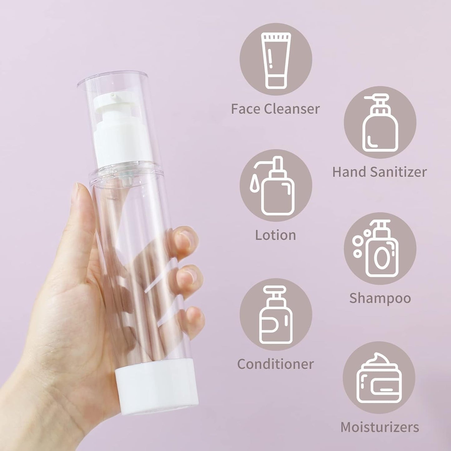 longway 3.4 Oz 100ml Clear Airless Cosmetic Cream Pump Bottle Travel Size Dispenser Refillable Containers for Foundation, Shampoo (Pack of 6)