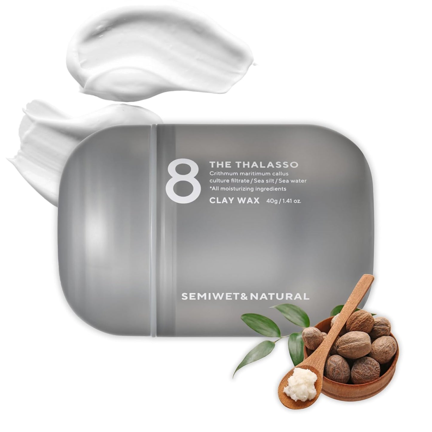 8 THE THALASSO Hydrating Hair Styling Clay Wax for Semi-Matte Finish, Non-Sticky Hair Wax from Japan with Natural Oils & Deep Ocean Water, SEMIWET & NATURAL, Aqua White Floral Scent, 1.41 Oz / 40g