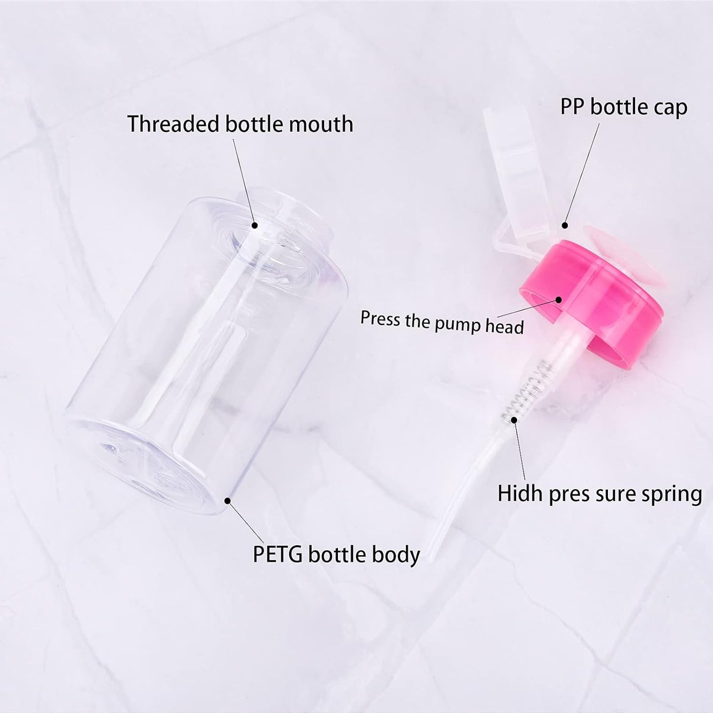 Pack of 3 Nail Polish Remover Pump Empty Dispenser Bottle for Alcohol, Nail Polish and Makeup Remover, 150ml(5.10z), Hotpink Top Cap