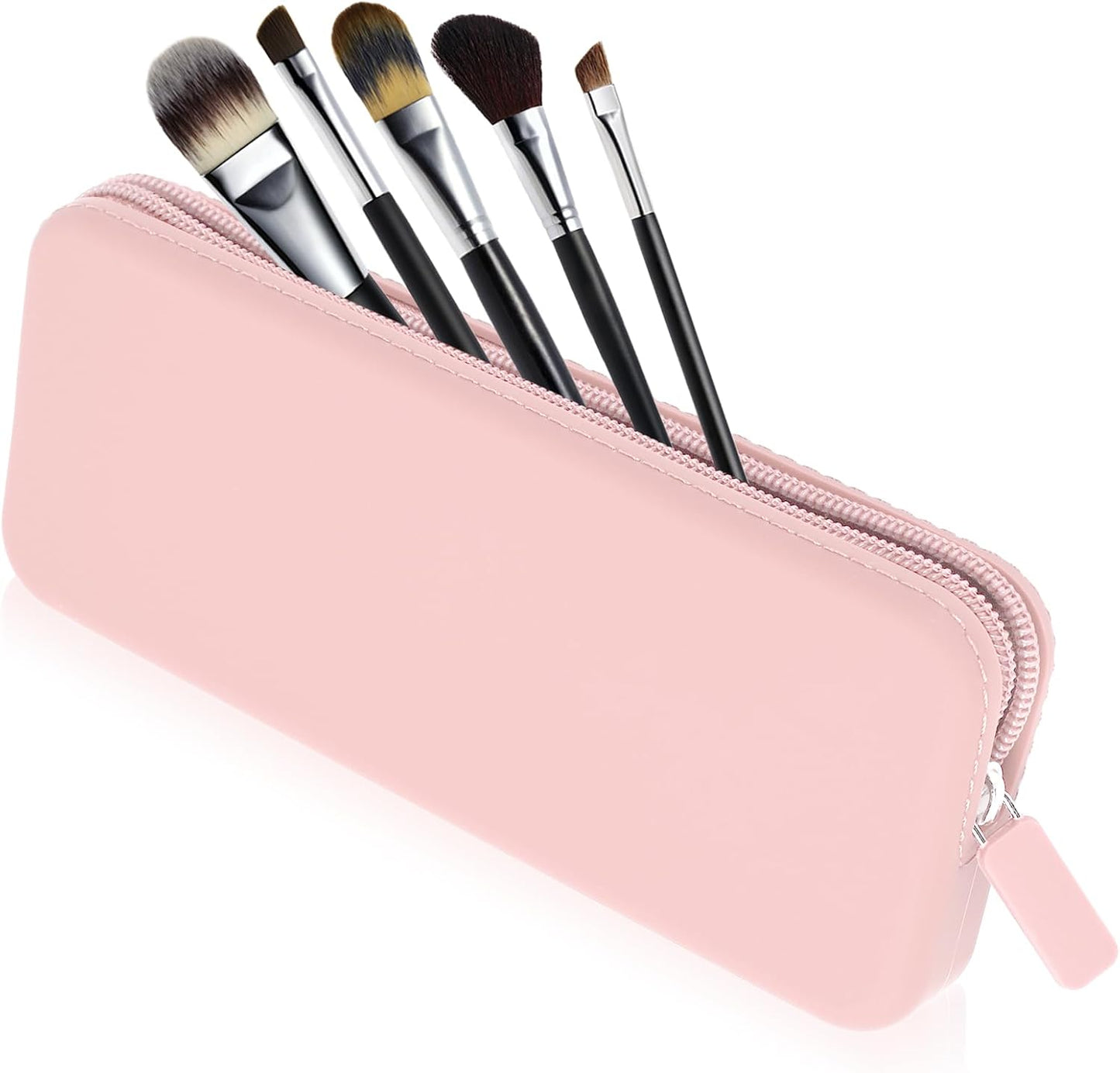 Sakolla Travel Makeup Brush Holder, Silicone Makeup Brush Bag with Zipper Closure, Makeup Brushes Organizer Case Washable Makeup Pouch Holder Case for Daily, Work, Essentials (Pink)