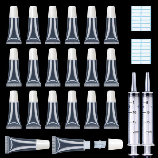 AMORIX 50PCS Lip Gloss Tubes 5ml White Cap Lip Gloss Containers Empty Lip Balm Tubes Cosmetic Lipgloss Tubes + 2 x 20ml Syringes Tag Labels for DIY Lip Gloss Base Glitter