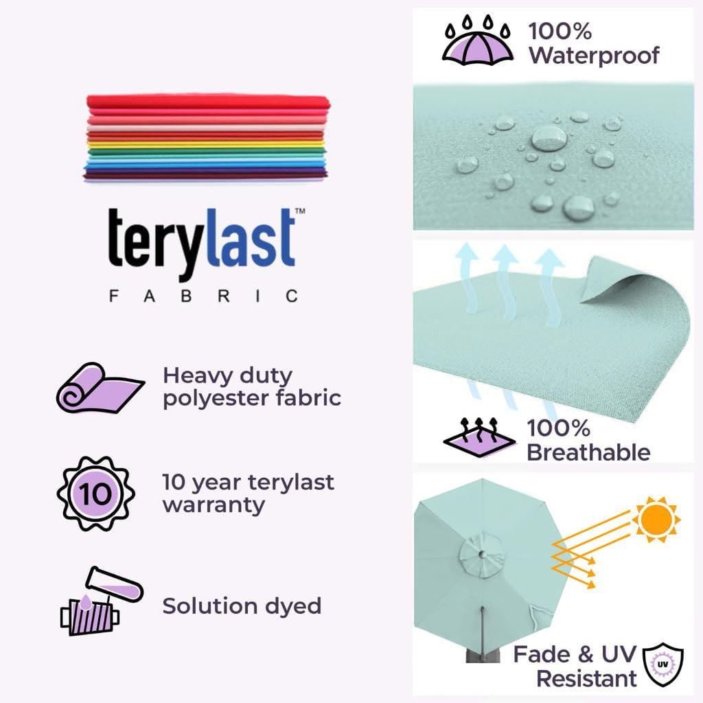 Midtown Umbrellas 10 Ft Outdoor Cantilever Patio Umbrella w/Terylast Seawater Aqua Fabric - Rotate 360° Offset Patio Umbrella, Deck Patio Umbrella, Backyard Umbrella & Garden Umbrella - Silver Frame