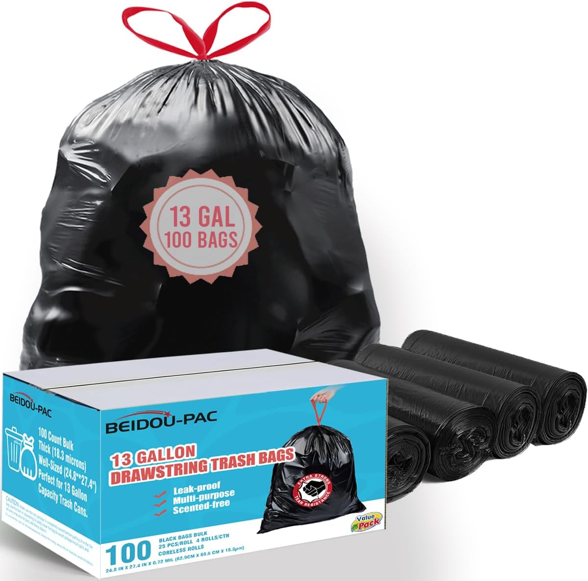 13 Gallon Trash Bags Drawstring, 100 Count Bulk, Black & Unscented Garbage Bags, Multi-purpose Tall Kitchen Trash Bags Can Liners for Business Home Commercial and Industrial