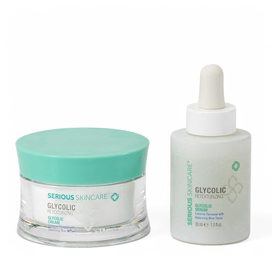 Serious Skincare Glycolic Acid Serum & Face Moisturizer Cream, Facial Renewal Skin Care Set, Exfoliating, Hydrating, Refine Texture, Lines, Pores, Discoloration, Skin Balancing Blue Tansy - Anti-Aging