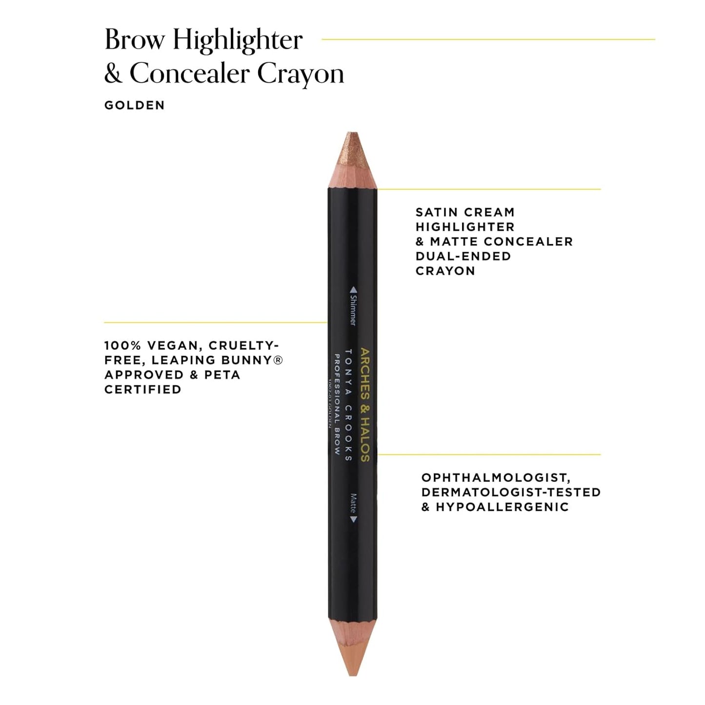 Arches & Halos Brow Highlighting and Concealer Crayon - Golden - Shaping and Shimmer Eyebrow Stick and Highlighter Duo - Soft, Ultra Creamy Formula - Define, and Sculpt for Sharp Brows - 0.176 oz