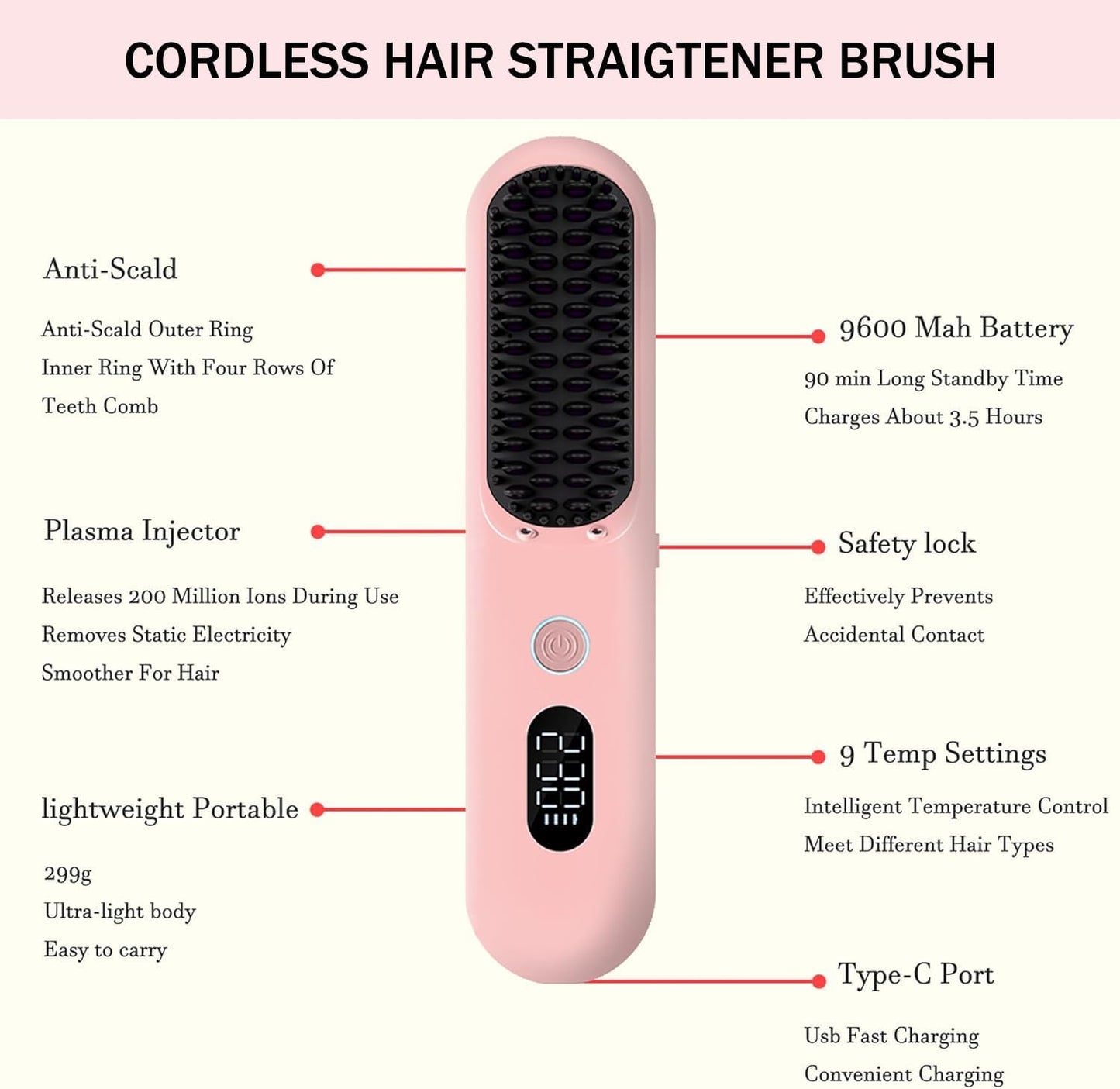 OUEST Cordless Hair Straightener Brush, Portable Mini Straightener Flat Iron, Ceramic Hot Comb with Negative Ions for Women, Lightweight Heated Hair Brush for Travel, Pink