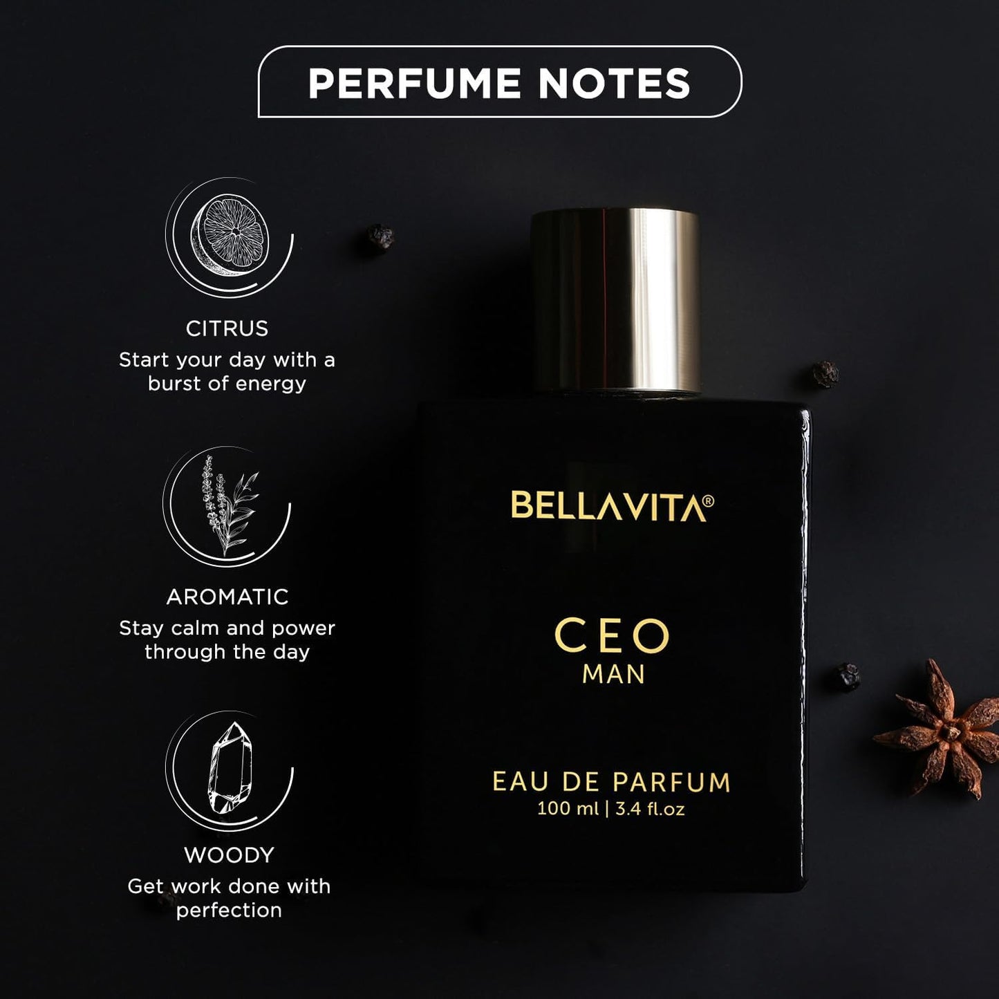 BellaVita Luxury CEO Man Perfume for Men (3.38 fl.oz) | Long-Lasting Men's Perfume with Lemon, Lavender, Tonka Vetiver & Moss Fragrance for Man | CEO Parfum for Men | Vegan & Cruelty-Free Fragrance