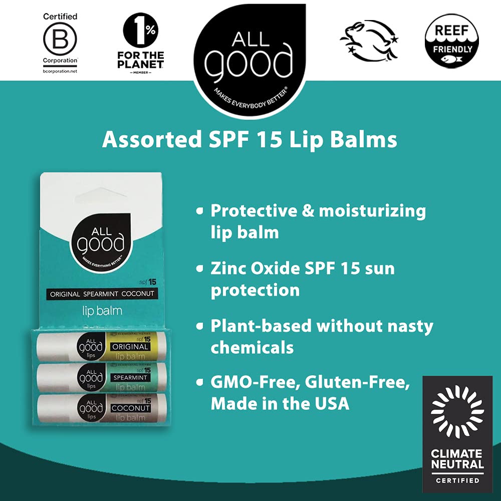 All Good Organic SPF15 Lip Balm - Hydrating Lip Care with Olive Oil, Beeswax, Calendula, Lavender, Vitamin E - Lip Moisturizer with Zinc Oxide Protection - Original, Spearmint & Coconut (6-pack)