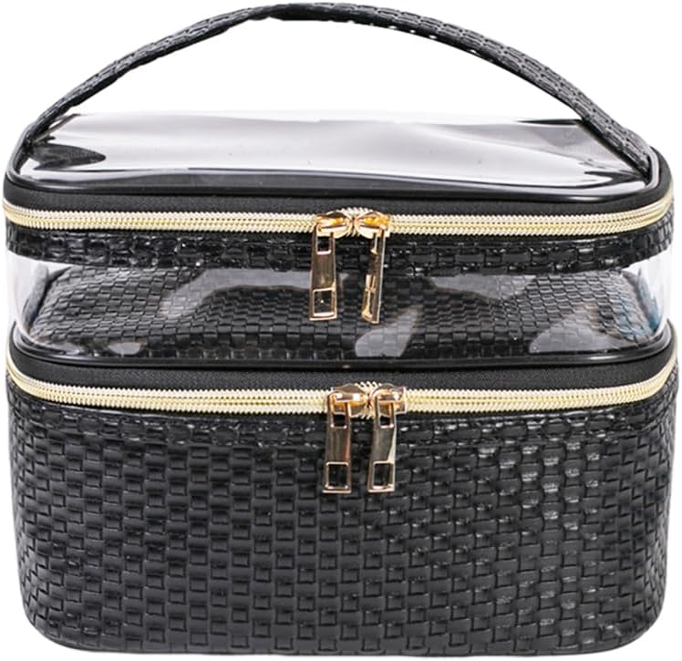 FITINI Makeup Bags Double Layer Travel Storage Cosmetic Cases Make up Organizer Toiletry Bags Water-resistant for Women Makeup Brush Bag,Black Woven Pattern