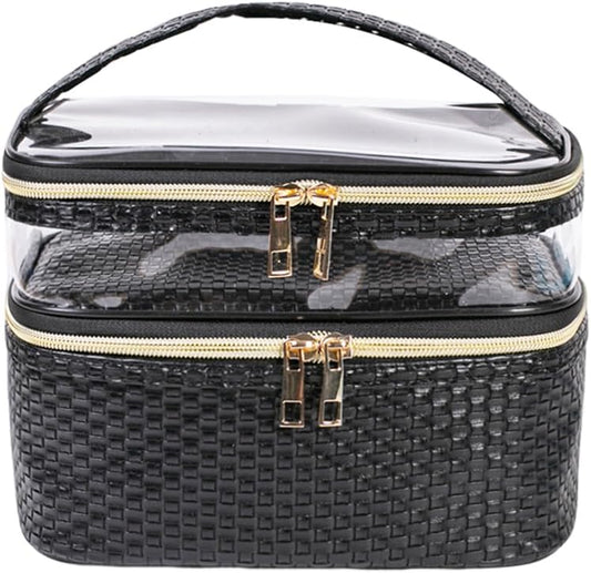 FITINI Makeup Bags Double Layer Travel Storage Cosmetic Cases Make up Organizer Toiletry Bags Water-resistant for Women Makeup Brush Bag,Black Woven Pattern