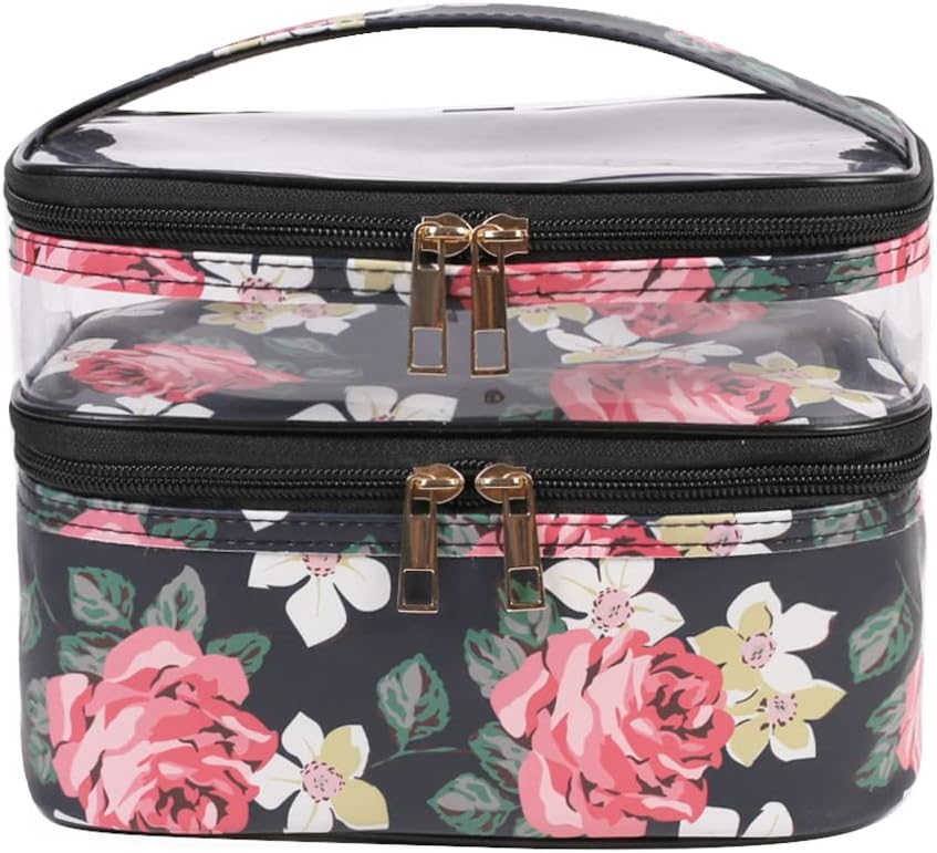 FITINI Makeup Bags Double Layer Travel Storage Cosmetic Cases Make up Organizer Toiletry Bags Water-resistant for Women Makeup Brush Bag,Black Peony