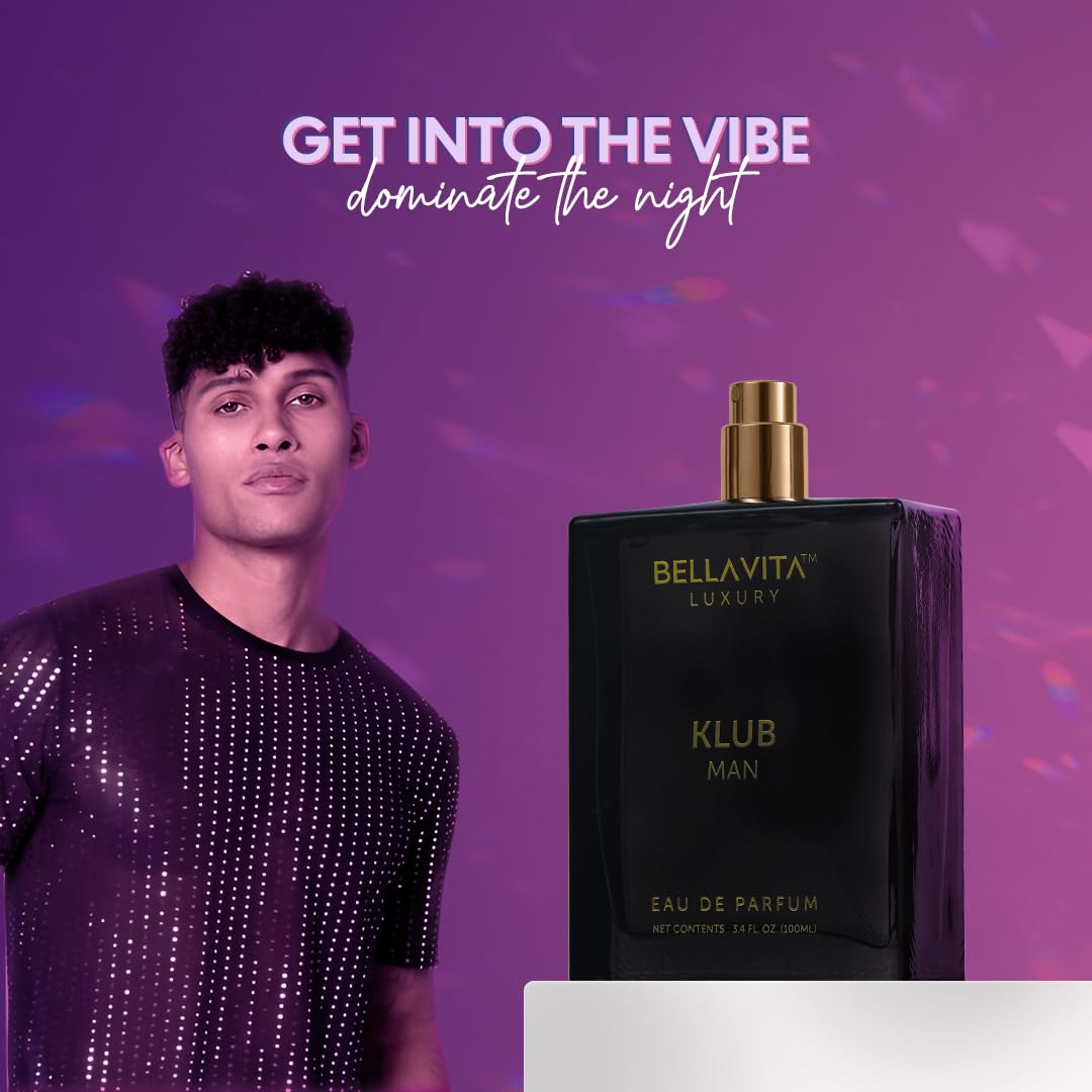 BellaVita Luxury KLUB Men's Eau De Parfum (100ml) | Intense, Masculine Party Perfume for Men | Notes: Lemon, Jasmine, Rose, Musk, Amber and Patchouli | Made with Premium Long-Lasting Perfume Oils