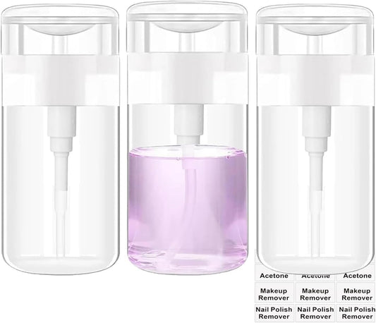 Moonlik 3Pack Acetone Dispenser, Push Down Pump Dispenser Nail Polish Remover Alcohol Bottle with Labels Empty Travel Container with Label for Makeup Liquid Jar 6.7oz/200ML