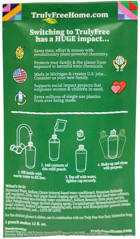 Truly Free Natural Dishwasher Booster & Rinse Aid - Non-Toxic Dishwashing Aid Formula, Removes Residue & Tough Dish Stains, Water Spot Remover - Pack of 3