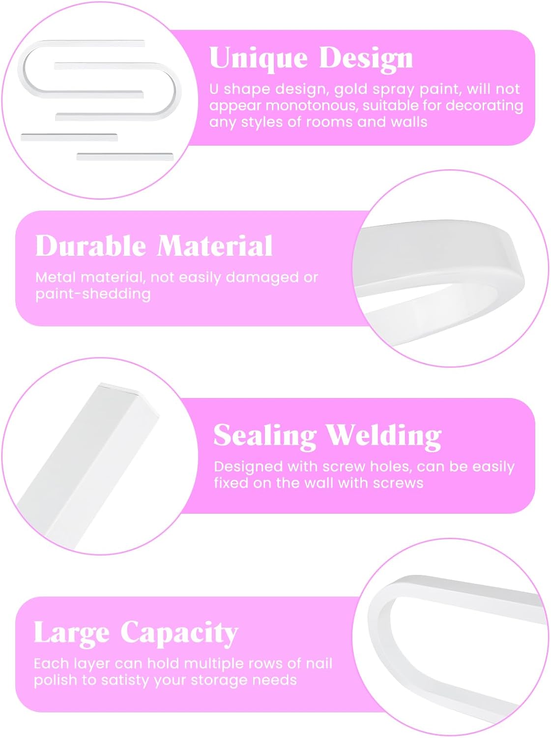 EBANKU 4PC U Shape Nail Polish Racks Heavy Duty Nail Shelfs for Wall Nail Polish Display Rack Cosmetic Display Cases Lipstick Perfume Wall Shelf Nail Polish Organizer for Home Spa Nail Salon (White)