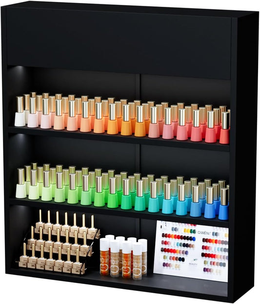 OmySalon Wall Mounted Display Rack, 32-Inch 3-Tier LED Nail Polish Organizer Shelf with USB Touch Control, for Nail Salon, Spa, Beauty Studio Storage, Wooden Retail Display (Black)