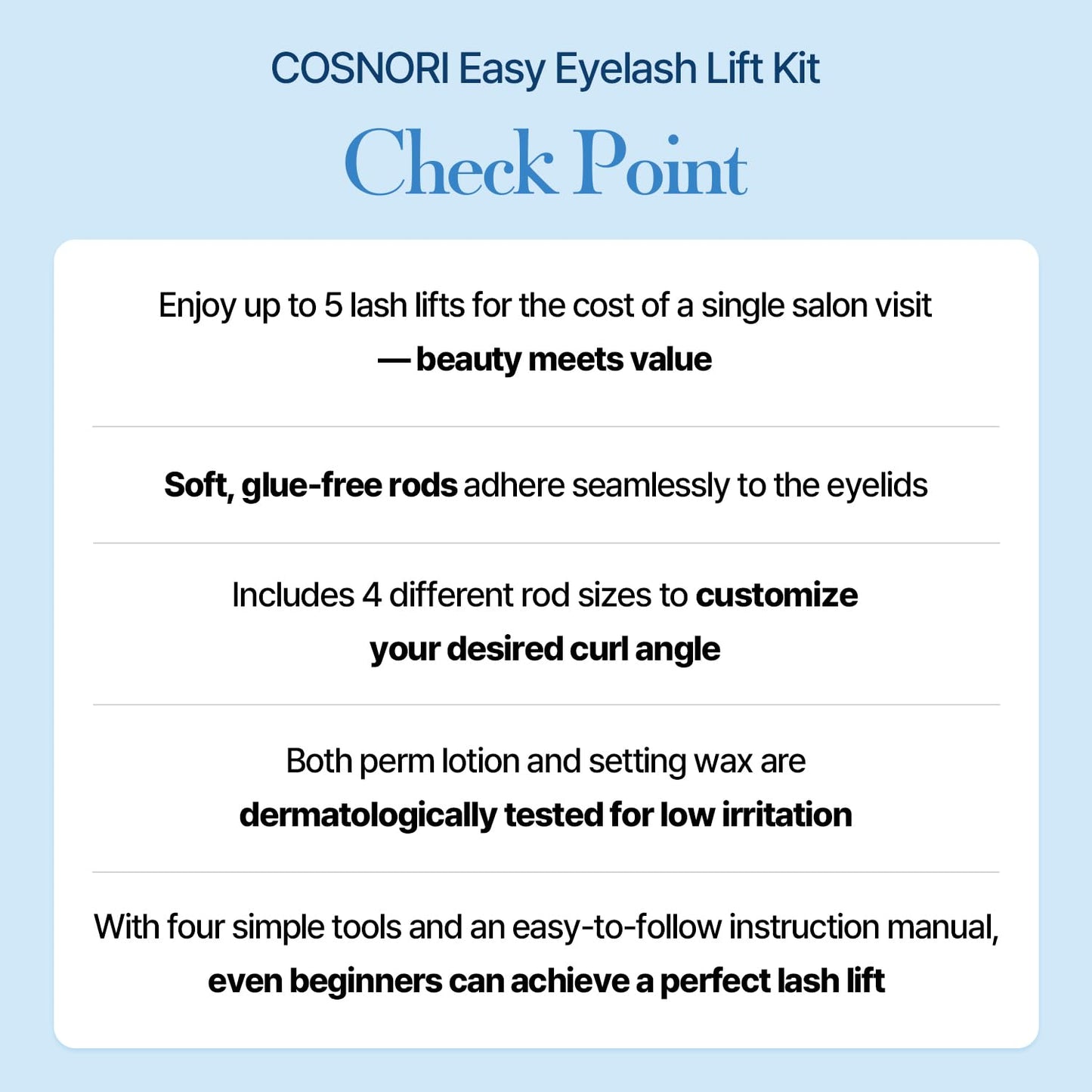 COSNORI Easy Eyelash Lift Kit - DIY Lash Lift Kit – Korean Eyelash Perm with No Glue Rods, 5 Applications, Long-Lasting Curl, Easy At-Home Curling Solution