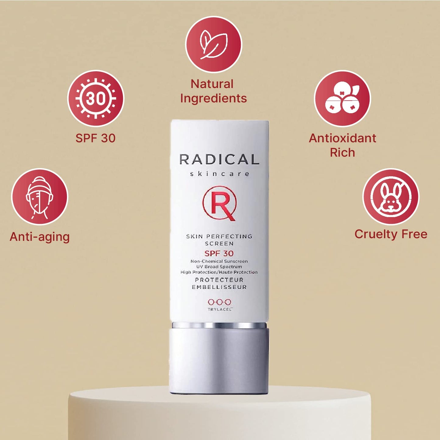 Radical Skincare Skin Perfecting Screen SPF 30 - Protects Against UVA/UVB Rays, Blurs Wrinkles, & Primes Makeup - For All Skin Types - Paraben & Cruelty Free - Clinically Proven (1.3 Fl Oz)