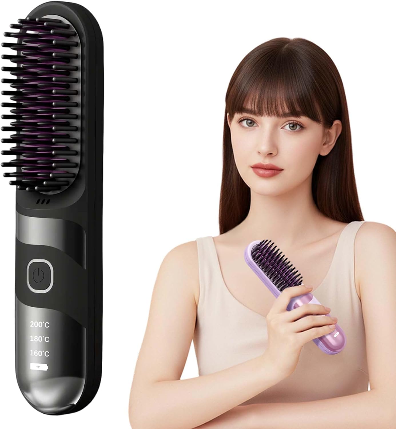 Cordless Hair Straightener Brush, 2026 Updated Mini Portable Hair Straightener for Travel, Fast Heating Straightening Brush, USB Ceramic Electric Hair Comb for Women Straightening and CurlingBlack