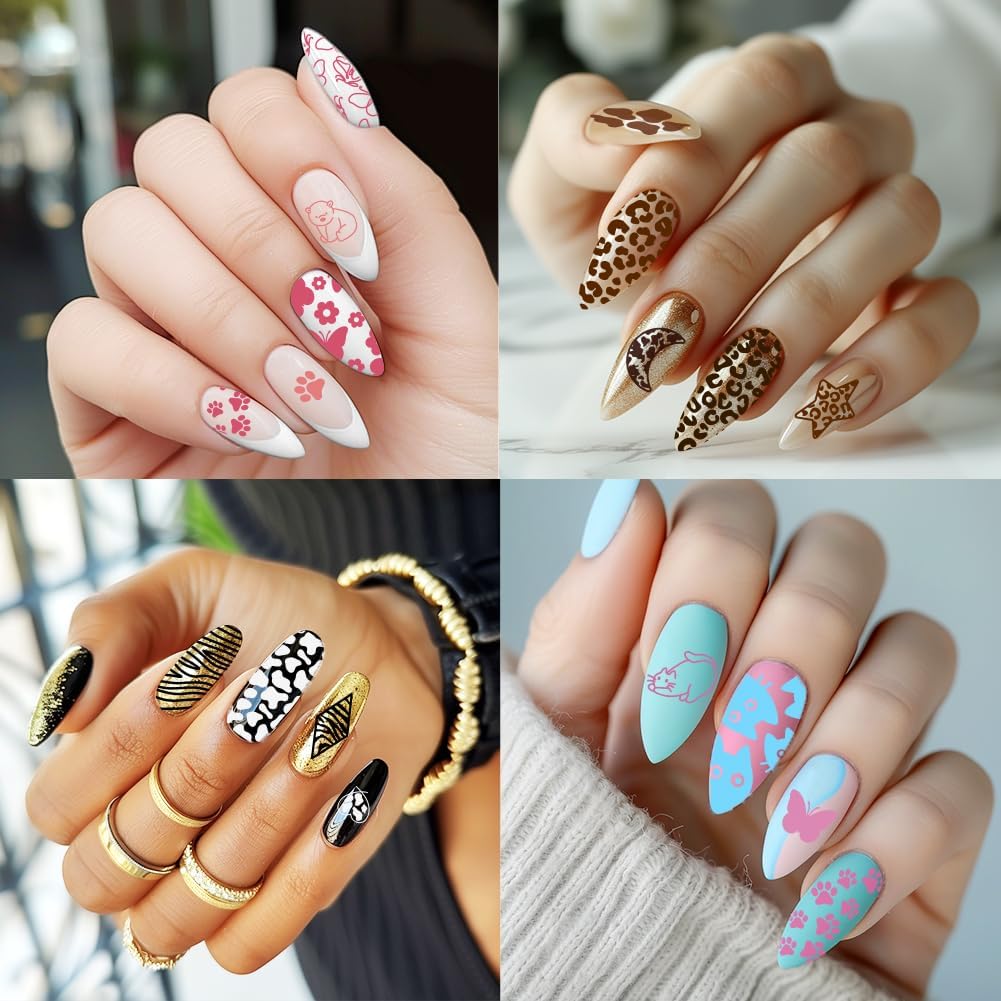 3Pcs Cute Animals Nail Stamping Plate Set Cat Puppy Butterfly Nail Stamp Templates Zebra Cow Texture Metal Reusable Tools with Stamper Scraper for Manicure Printing