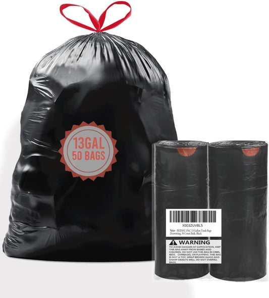 13 Gallon Trash Bags Drawstring, 50 Count Bulk, Black & Unscented Garbage Bags, Multi-purpose Tall Kitchen Trash Bags Can Liners for Business Home Commercial and Industrial