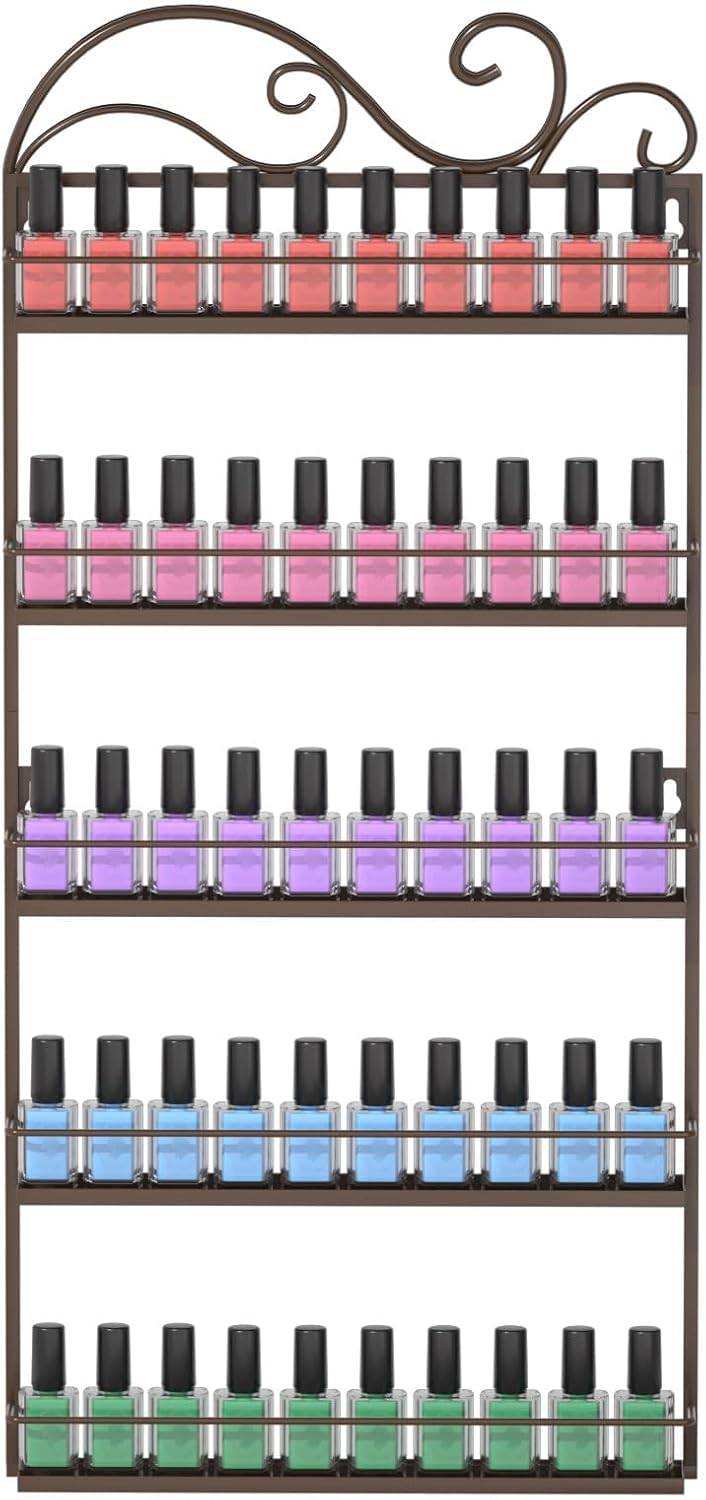 ERYTLLY Wall Mounted Nail Polish Rack, Rectangle Nail Storage Organizer, Salon Shelf Organizer (Brown)