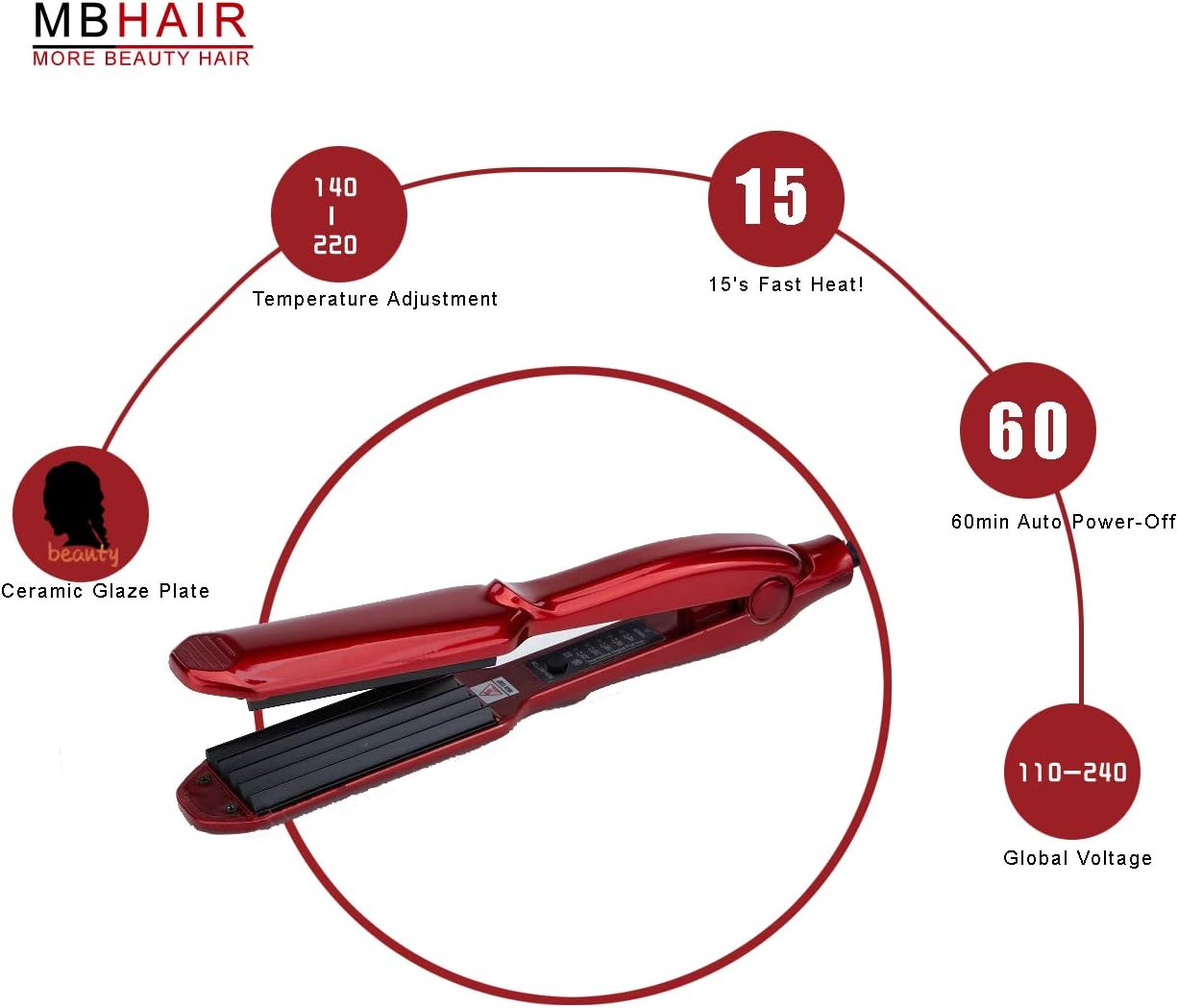 MBHAIR Ceramic Crimper Iron for Fluffy Hairstyle Curling Iron, Corrugation Crimper Hair Irons, Anti Static Ceramic Hair Crimping Iron Adjust Temperature (Red)