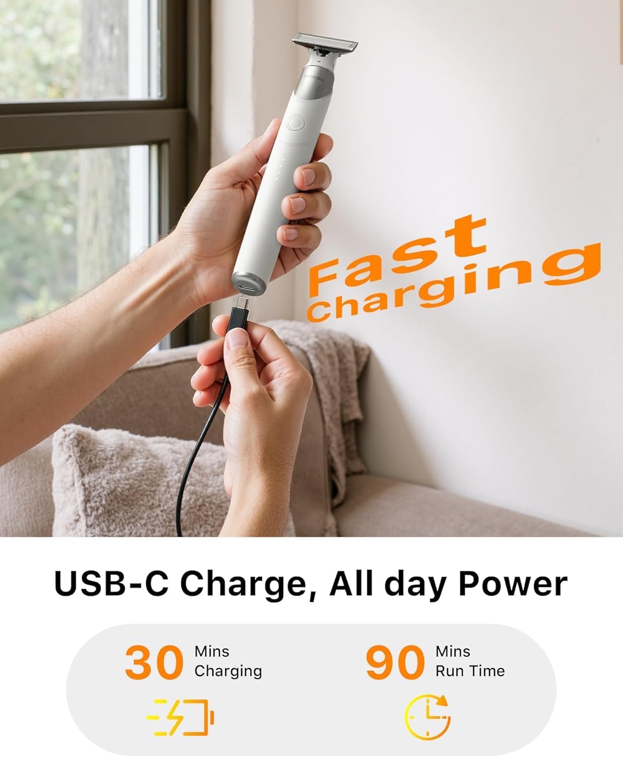 Electric Groin & Body Hair Trimmer - Painless Beard Razor for Men, All-in-One Body Groomer, Waterproof Wet/Dry Men's Ball Shaver with Magnetic Head, USB-C Charging, Easy Claen, White(Lite)