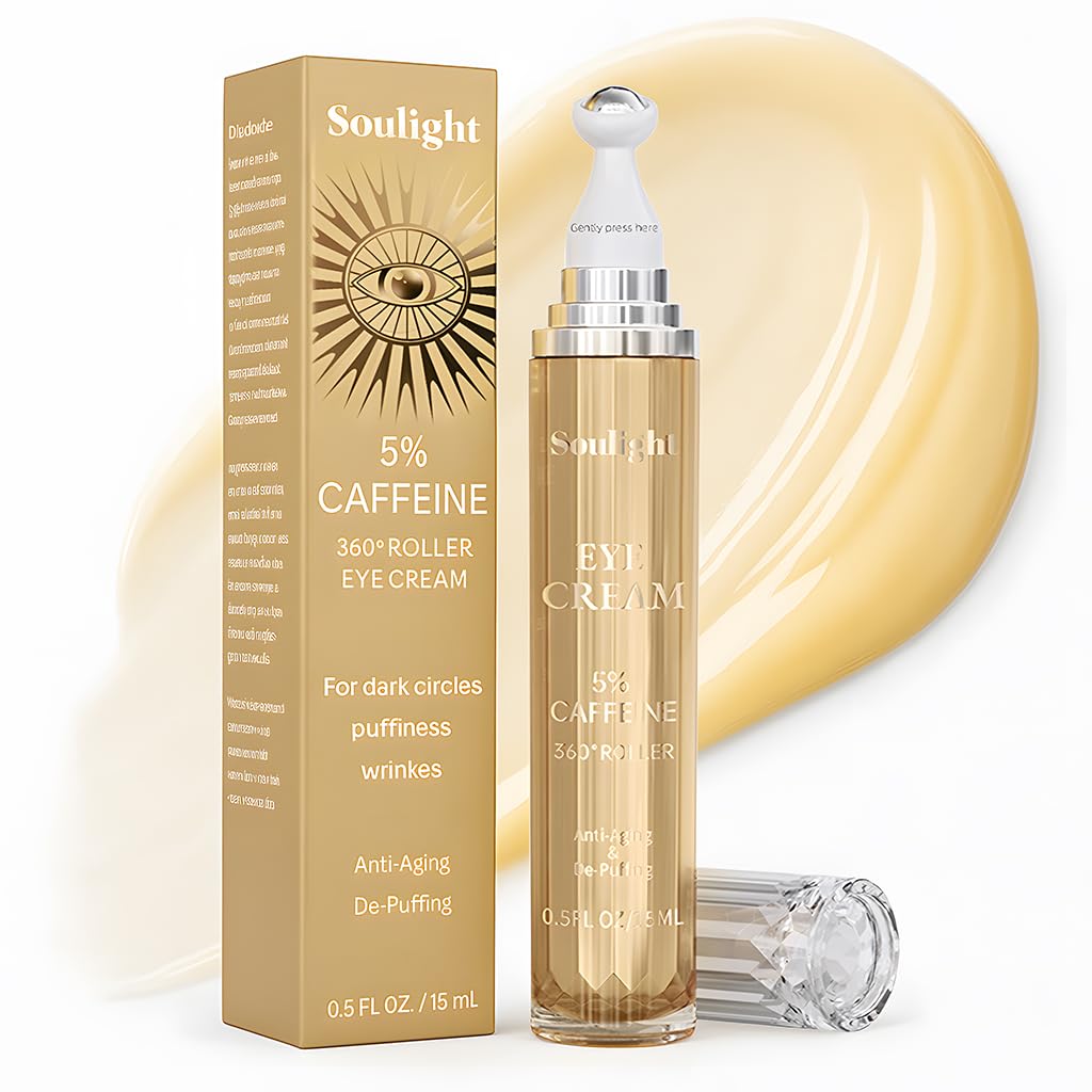 Soulight 5% Caffeine Eye Serum for Dark Circles, Eye Cream Anti Aging Puffiness & Wrinkles - Brightening Under Eyes Treatment with Hyaluronic Acid & Niacinamide - Hydrating & Firming