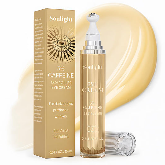 Soulight 5% Caffeine Eye Serum for Dark Circles, Eye Cream Anti Aging Puffiness & Wrinkles - Brightening Under Eyes Treatment with Hyaluronic Acid & Niacinamide - Hydrating & Firming