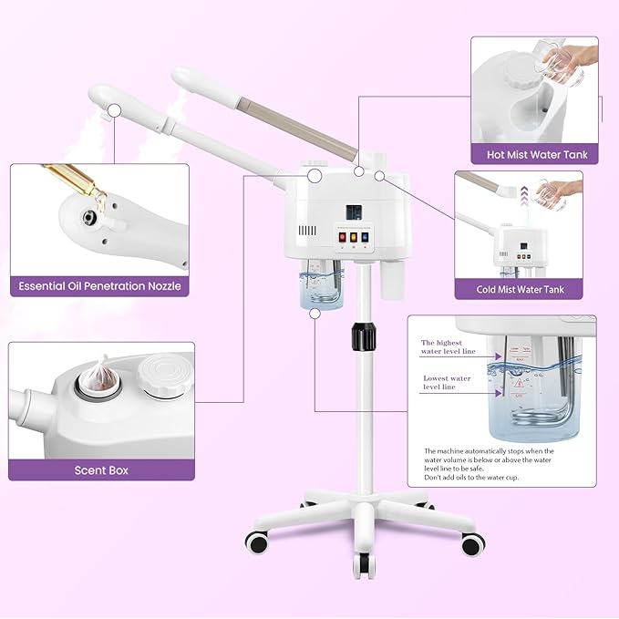 Professional 2 in 1 Ozone Facial Steamer on Wheels - Hot & Cold with Time Setting, Adjustable Height for Spa, Salon & Home